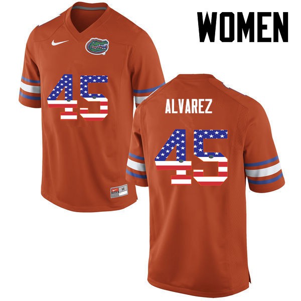 Florida Gators Women #45 Carlos Alvarez College Football Jersey USA Flag Fashion Orange